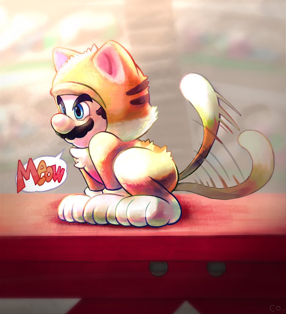 1boy blue_eyes blurry blurry_background cat_mario co_co_mg depth_of_field english_text facial_hair mario mario_(series) motion_blur mustache nintendo speech_bubble tail tail_wagging the_super_mario_bros._movie