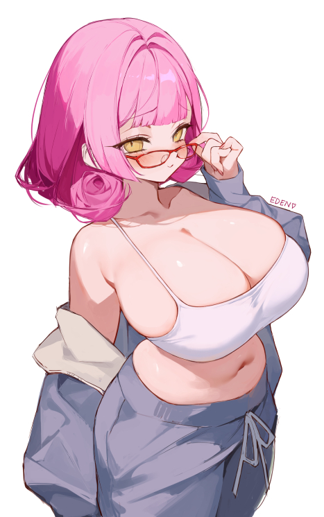 1girl adjusting_eyewear artist_name blush breasts casual cleavage commentary eden_(shiroki_yuutsu) english_commentary glasses huge_breasts looking_at_viewer navel off_shoulder original pants pink_hair red-framed_eyewear simple_background solo sweatpants tank_top vanilla_(eden_(shiroki_yuutsu)) white_background white_tank_top yellow_eyes