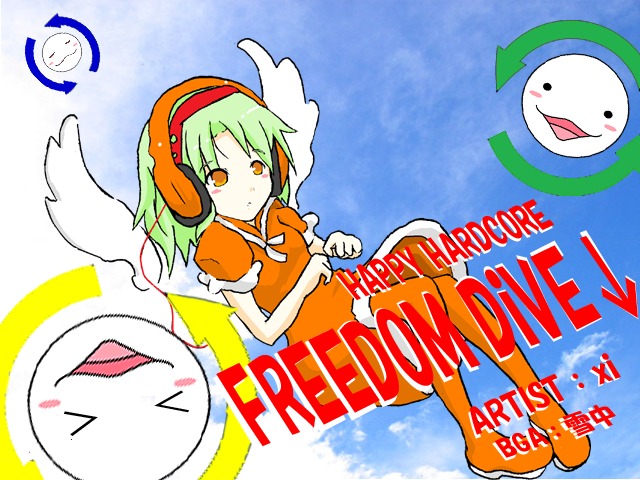 1girl angel angel_wings bemani blue_sky bms freedom_dive green_hair headphones kurante orange_eyes sky sound_voltex wings yutoriou
