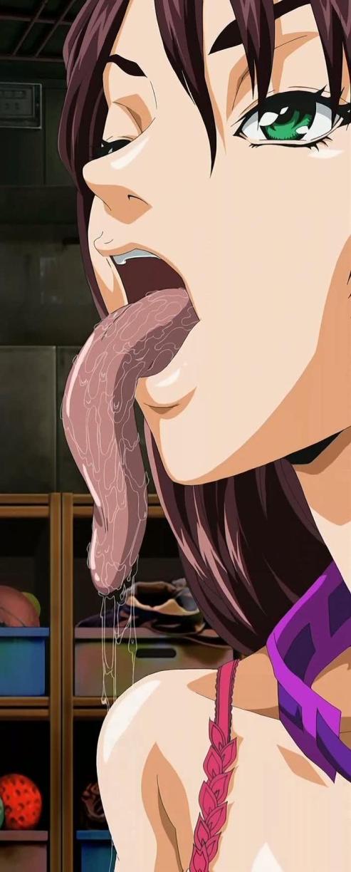 00s 1girl brown_hair female_focus green_eyes gym_storeroom highres indoors interior long_hair long_tongue ruma saliva seto_yuuki solo stretta stringendo_&amp;_accelerando_&amp;_stretta tongue tongue_out