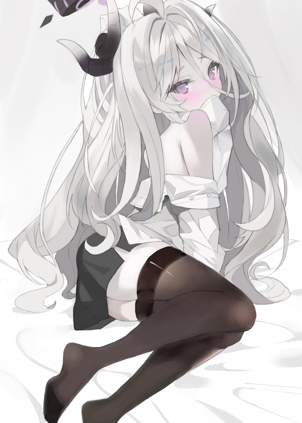 1girl ahoge ass black_halo black_horns black_skirt black_thighhighs blue_archive blush commentary_request crying crying_with_eyes_open demon_girl demon_horns feet hair_between_eyes hair_over_shoulder halo hand_up highres hina_(blue_archive) horns loli long_hair long_sleeves looking_at_viewer looking_back lying marant38 multiple_horns no_shoes no_wings off_shoulder on_bed on_side open_clothes open_shirt parted_bangs purple_eyes shirt shirt_partially_removed simple_background sitting skirt sleeves_past_fingers sleeves_past_wrists solo tears thighhighs unbuttoned unbuttoned_shirt very_long_hair white_background white_hair white_shirt zettai_ryouiki