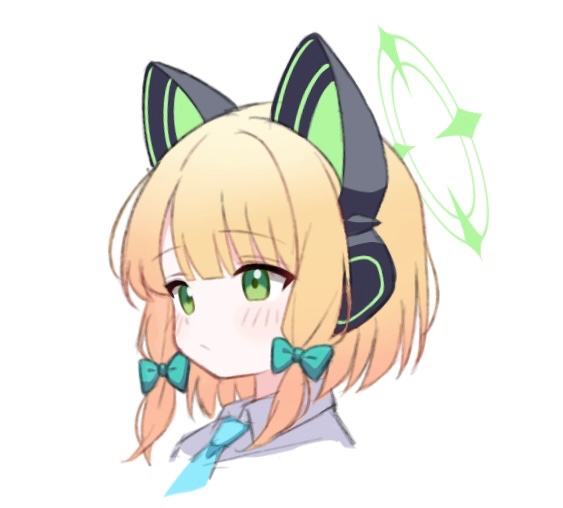 1girl animal_ear_headphones animal_ears aqua_necktie bad_id bad_twitter_id blonde_hair blue_archive blunt_bangs blush bow cat_ear_headphones cat_ears closed_mouth code_3dr collared_shirt cropped_shoulders fake_animal_ears green_bow green_eyes green_halo hair_bow halo headphones image_sample looking_ahead low-tied_sidelocks medium_hair midori_(blue_archive) multiple_hair_bows necktie parted_bangs portrait shirt sidelocks solo twitter_sample white_shirt