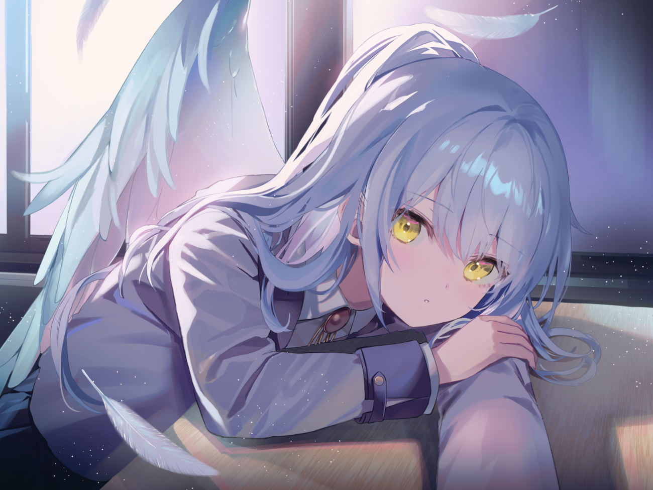 1girl angel_beats! angel_wings blazer blue_hair collared_shirt commentary_request falling_feathers feathered_wings feathers grey_jacket hand_on_own_arm indoors jacket kanda_done leaning_on_table light_blue_hair long_hair long_sleeves looking_at_viewer parted_lips red_brooch shirt solo tachibana_kanade white_shirt wings yellow_eyes