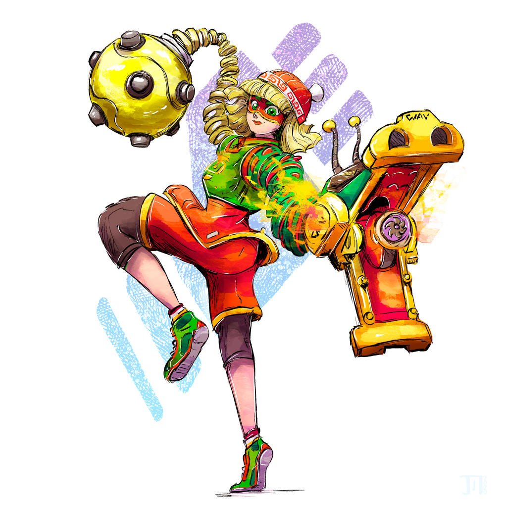 1girl arms_(game) beanie blonde_hair blunt_bangs bob_cut domino_mask dragon_(arms) from_side green_eyes green_footwear hat high_tops jmarme leg_up leggings_under_shorts mask megawatt_(arms) min_min_(arms) orange_shirt orange_shorts ringed_eyes shirt short_hair shorts sneakers solo standing standing_on_one_leg