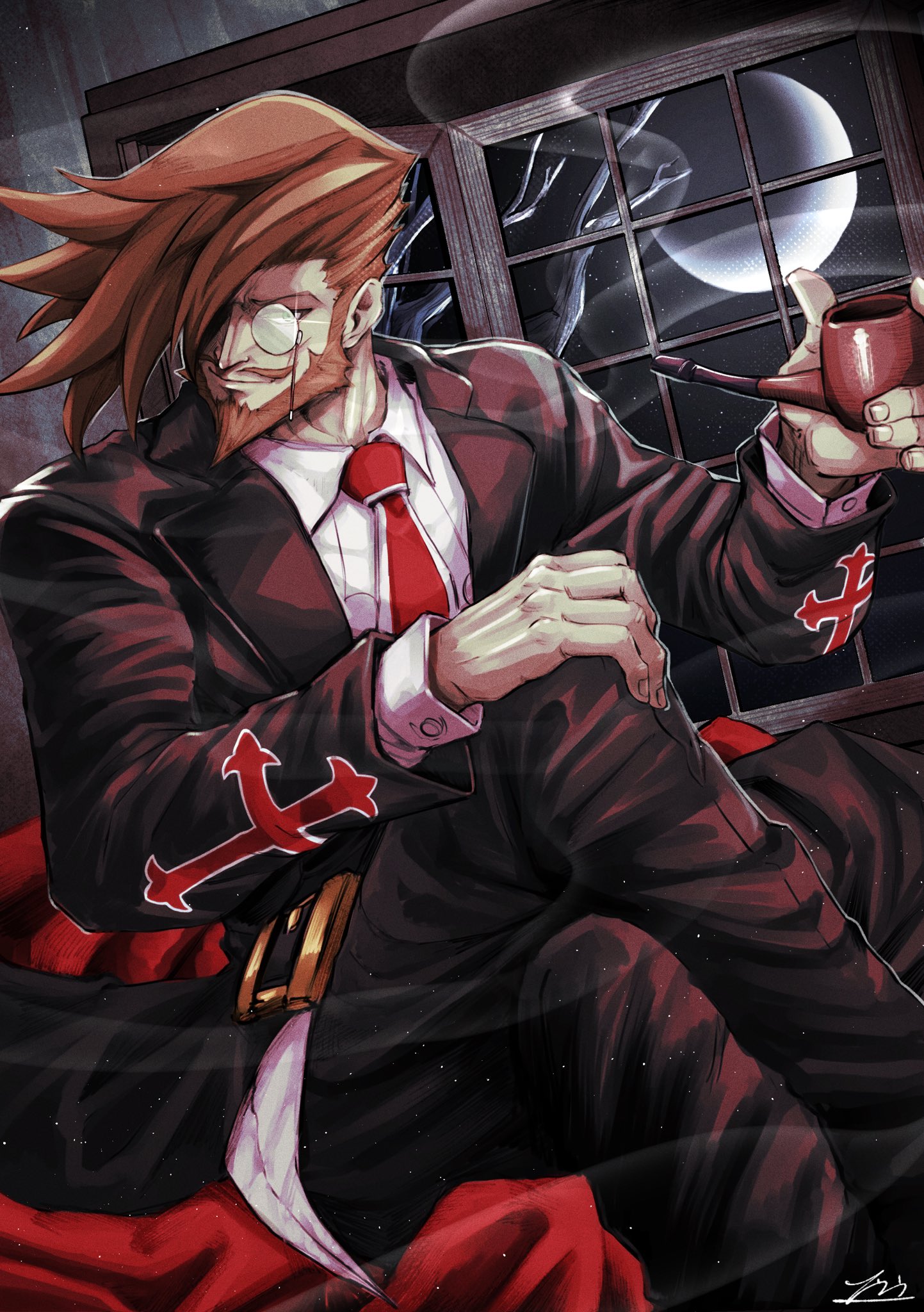 1boy beard brown_hair facial_hair full_moon guilty_gear guilty_gear_xrd hair_between_eyes highres long_sleeves male_focus manly monocle monocle_chain moon mustache nankou_(koutanan) red_eyes short_hair sitting slayer_(guilty_gear) smoking_pipe vampire