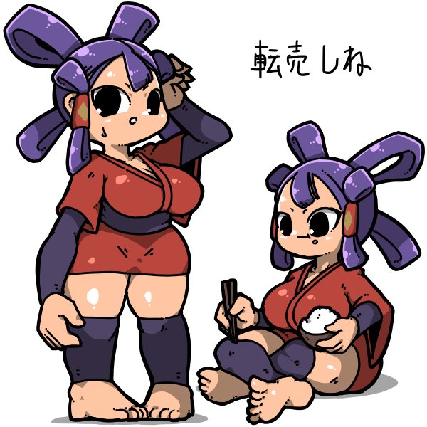 1girl :t barefoot black_eyes bowl breasts chopsticks cleavage food food_on_face hair_rings hair_tubes holding holding_chopsticks japanese_clothes kimono large_breasts name_omoitukan2 purple_hair purple_sash red_kimono rice rice_bowl sakuna-hime sash shadow shiny_skin short_hair short_kimono simple_background sitting standing sweat tensui_no_sakuna-hime white_background