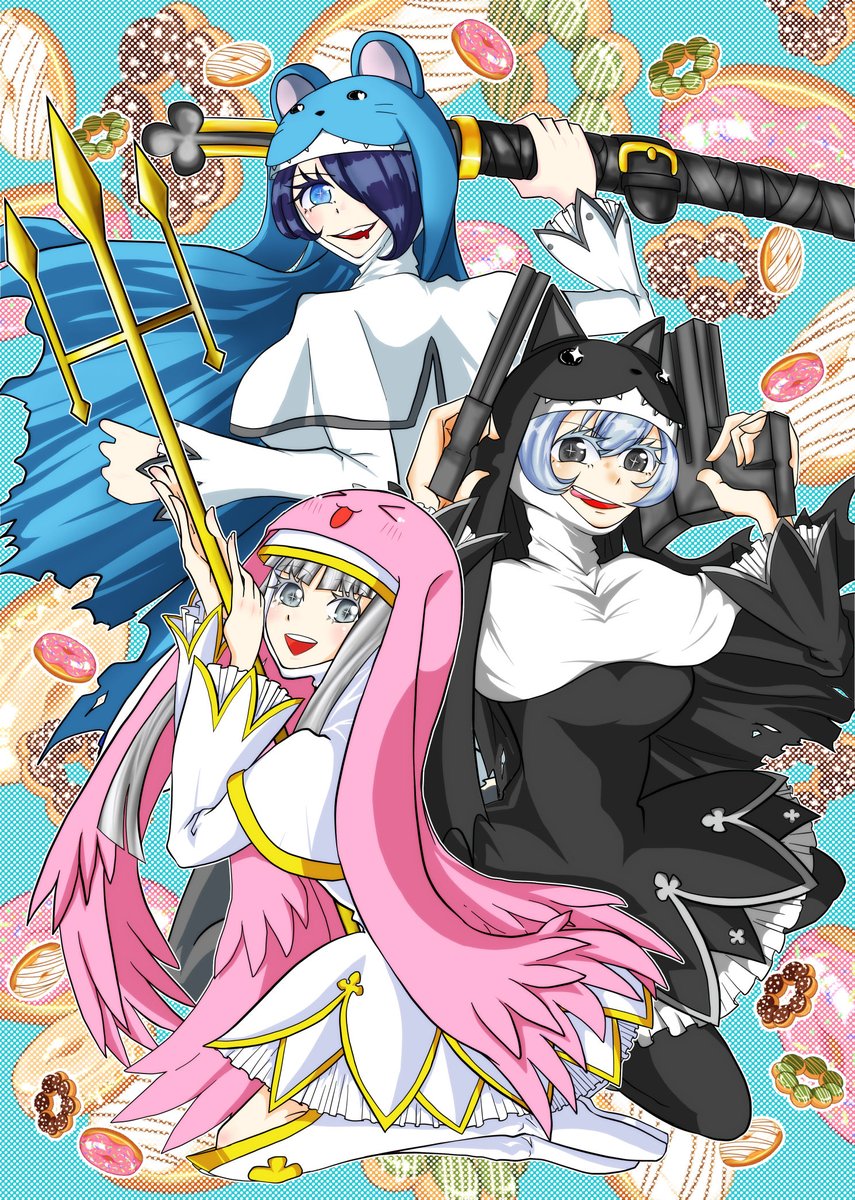 animal_hat cat_hat digimon digimon_(creature) hat mouse_hat nun rabbit_hat sistermon_blanc sistermon_ciel sistermon_noir
