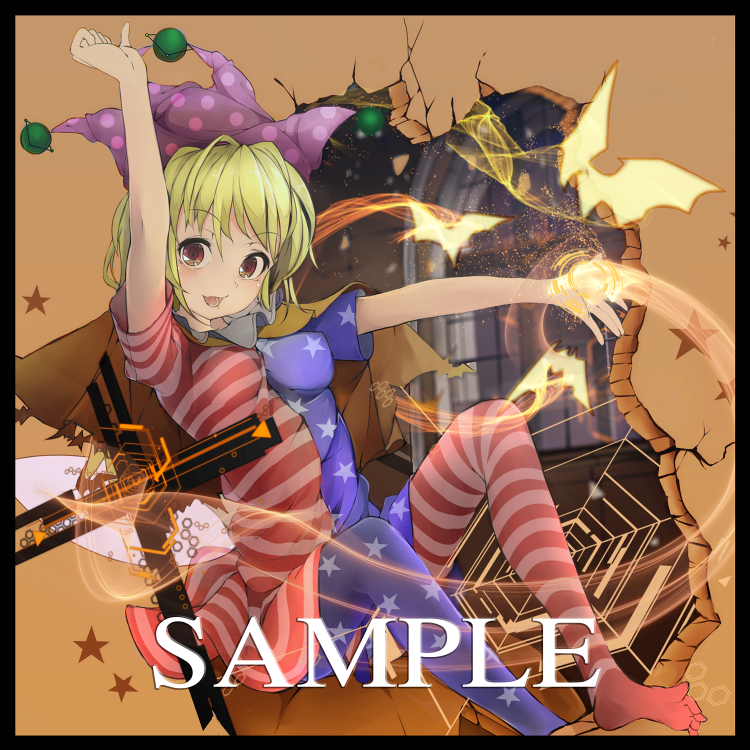 1girl american_flag_dress american_flag_legwear arm_up blonde_hair border capelet clownpiece female_focus hat jester_cap long_hair looking_at_viewer open_mouth outstretched_arms pantyhose print_pantyhose radiosity_(yousei) red_eyes sample_watermark short_sleeves smile solo star_(symbol) striped_clothes striped_pantyhose touhou watermark