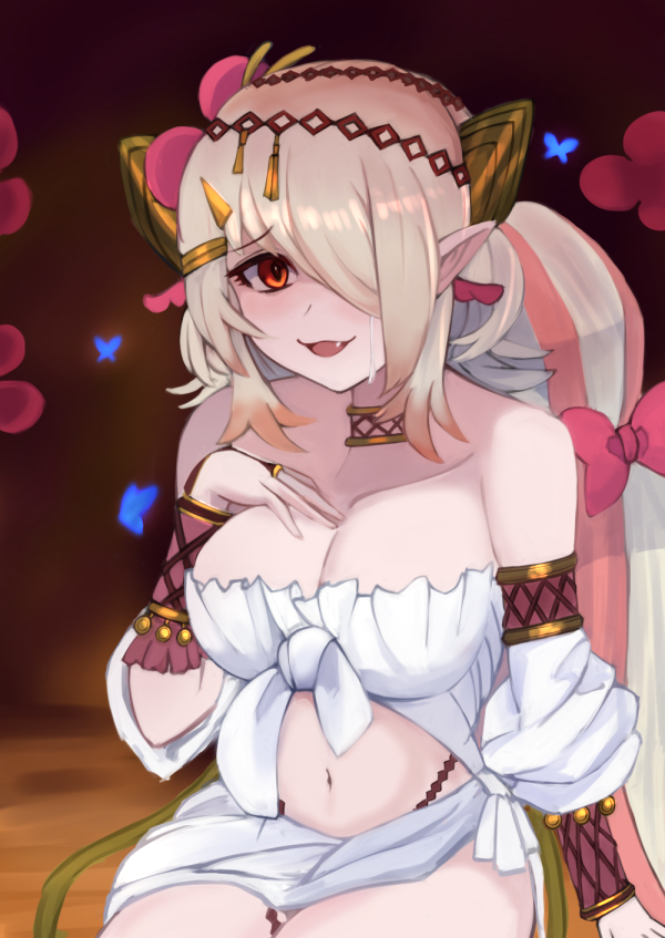 1girl armlet breasts cleavage collarbone duel_monster fang flower front-tie_top fullborem hair_flower hair_ornament hair_over_one_eye hand_on_own_chest jewelry large_breasts long_bangs long_hair looking_at_viewer midriff monster_girl multicolored_hair navel open_mouth plant plant_girl pointy_ears red_eyes solo strapless traptrix_pinguicula tube_top two-tone_hair white_tube_top yu-gi-oh!