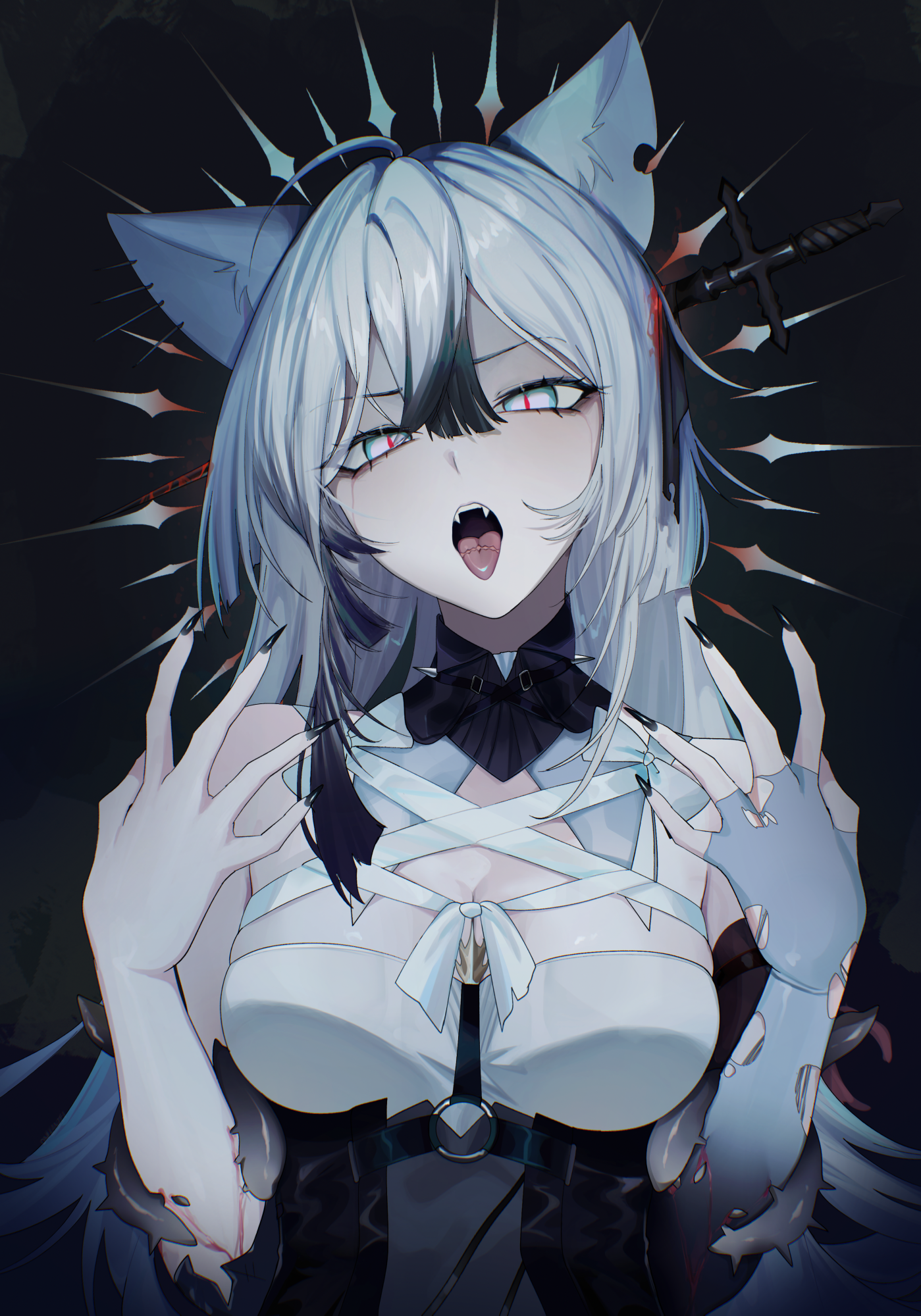 1girl animal_ears bare_shoulders black_hair black_nails blood borrowed_character breasts cat_ears cat_girl commentary english_commentary fingerless_gloves fingernails gloves hands_up highres long_fingernails long_fingers long_hair looking_at_viewer medium_breasts multicolored_hair object_through_head oni_kanzei open_mouth original red_eyes single_fingerless_glove slit_pupils solo streaked_hair sword_in_head tongue tongue_out torn_clothes torn_gloves upper_body white_eyes white_hair