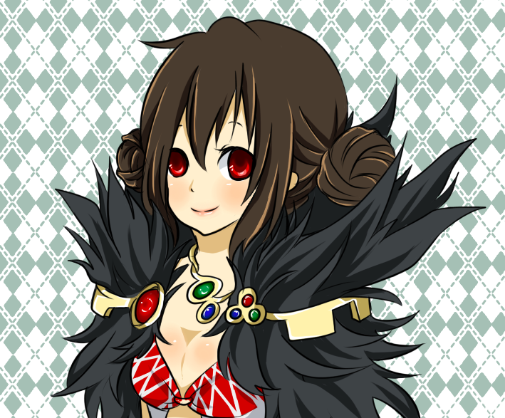 1girl argyle_background argyle_clothes argyle_dress blush breasts brown_hair cleavage closed_mouth commentary_request double_bun dress fur_collar grey_background hair_bun looking_at_viewer medium_breasts meiko_(nattu303) ragnarok_online red_eyes smile solo sorcerer_(ragnarok_online) white_dress