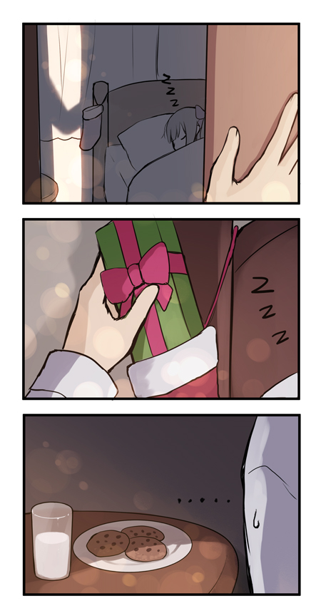 ... 1girl 3koma bed box cait_aron chocolate_chip_cookie christmas christmas_stocking comic commentary cookie english_commentary food gift gift_box indoors milk original plate pov pov_hands sleeping zzz
