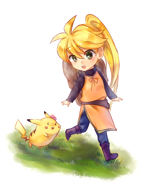 1girl blonde_hair boots chibi gen_1_pokemon grass green_eyes hat long_hair nintendo pikachu pokemon pokemon_(creature) pokemon_adventures ponytail smile tachiuo_(arines) yellow_(pokemon)