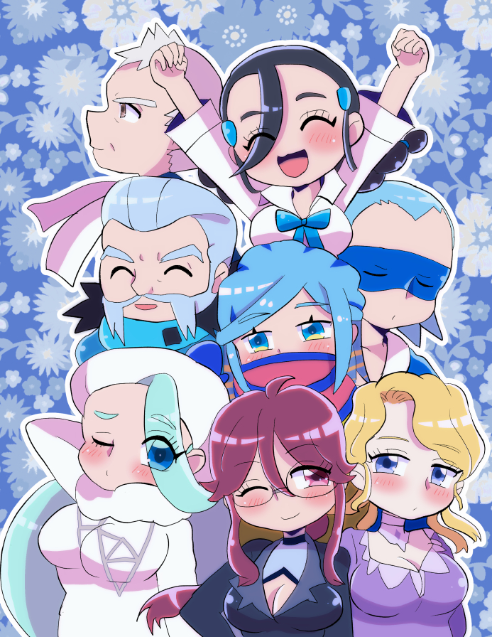 4boys 4girls blonde_hair blue_hair blue_scarf braid breasts brown_skirt brycen_(pokemon) business_suit candice_(pokemon) cane chibi cleavage cleavage_cutout closed_eyes clothes_around_waist clothing_cutout collared_shirt dress earrings eye_mask eyeshadow facial_hair formal_clothes fur-trimmed_collar fur_hat fur_trim glacia_(pokemon) glasses grusha_(pokemon) hat jacket jewelry large_breasts light_blue_hair long_hair long_sleeves lorelei_(pokemon) makeup mature_female mature_male melony_(pokemon) multi-tied_hair multiple_boys multiple_girls mustache nintendo old old_man one_eye_closed pearl_earrings pokemon pokemon_bw pokemon_dppt pokemon_hgss pokemon_lgpe pokemon_oras pokemon_sv pokemon_swsh pokemon_xy ponytail pryce_(pokemon) puffy_sleeves purple_dress purple_eyeshadow red_eyes red_hair scarf scarf_over_mouth shirt skirt snow snowflakes striped_clothes striped_scarf suit sweater sweater_around_waist three-quarter_sleeves topless_male trap turtleneck twintails two-tone_scarf upper_body ushanka white_hair white_scarf white_shirt white_sweater wulfric_(pokemon) yellow_jacket yukarinrice