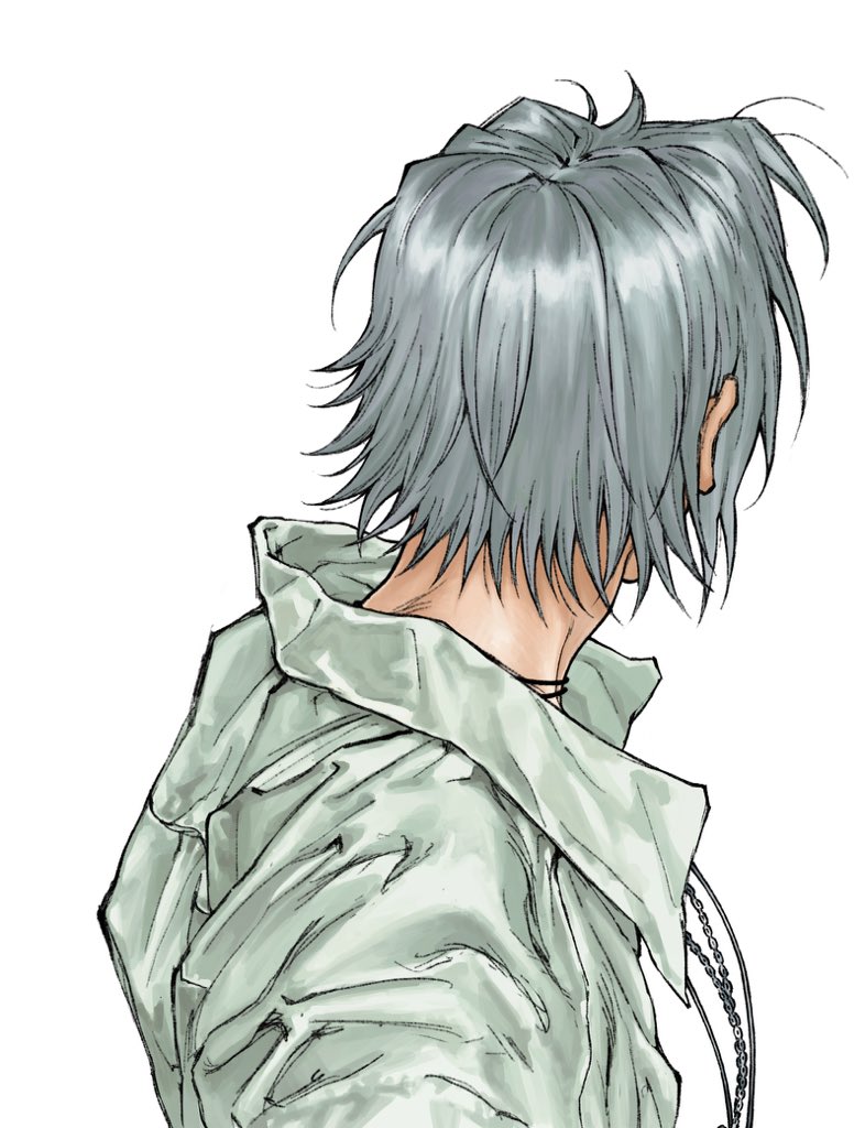 1boy collared_shirt commentary from_behind from_side gokudera_hayato grey_hair jewelry katekyo_hitman_reborn! male_focus nape necklace school_uniform shirt short_hair simple_background solo umkaqryi upper_body white_background