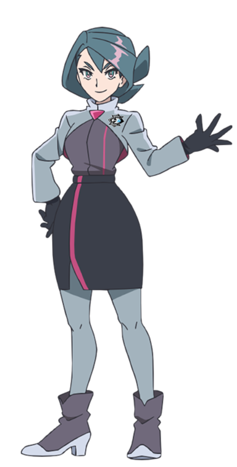 1girl black_gloves black_skirt closed_mouth cropped_jacket full_body gloves green_hair grey_footwear grey_jacket grey_pantyhose grey_shirt hand_on_own_hip hand_up high_heels highres jacket knees logo long_sleeves looking_at_viewer nintendo official_art onia_(pokemon) pantyhose pokemon pokemon_(anime) pokemon_horizons shirt skirt smile solo standing transparent_background