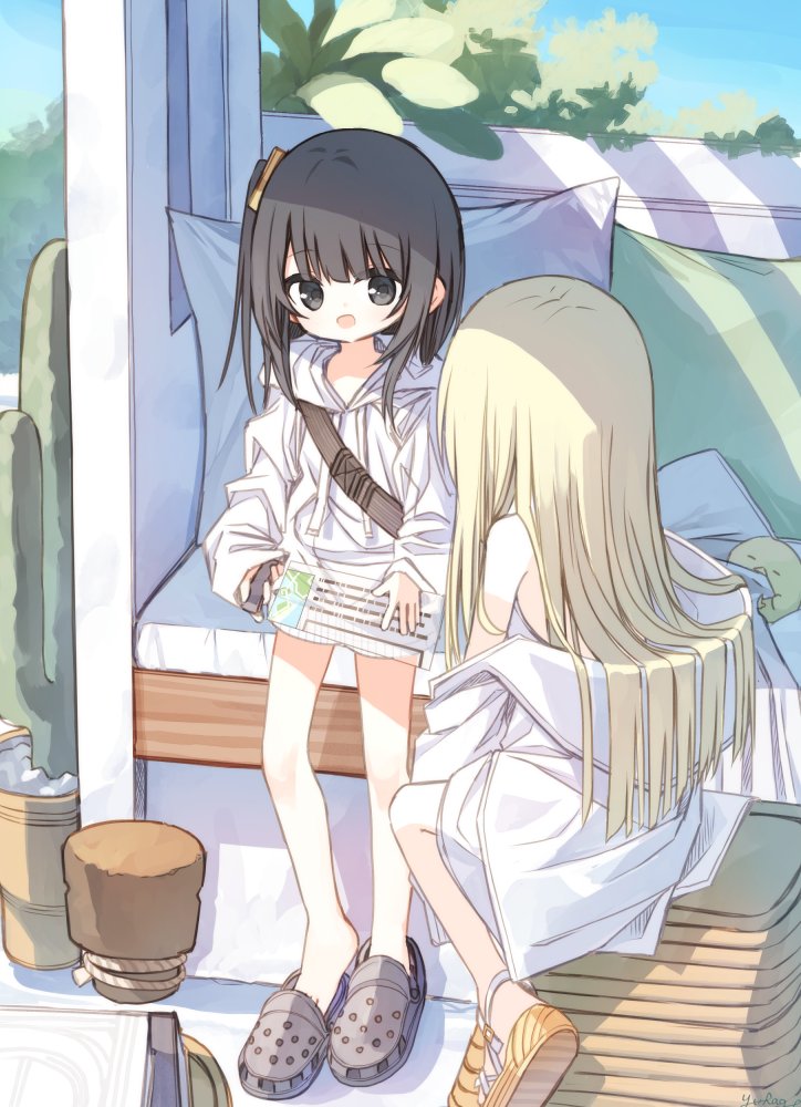 2girls :d bare_shoulders black_hair blonde_hair cactus commentary_request crocs day drawstring flower_girl_(yuuhagi_(amaretto-no-natsu)) grey_eyes grey_footwear holding holographic_keyboard hood hood_down hoodie jacket long_hair multiple_girls off_shoulder one_side_up open_clothes open_jacket open_mouth original outdoors pillow sandals shiho_(yuuhagi_(amaretto-no-natsu)) smile very_long_hair white_hoodie white_jacket yellow_sandals yuuhagi_(amaretto-no-natsu)
