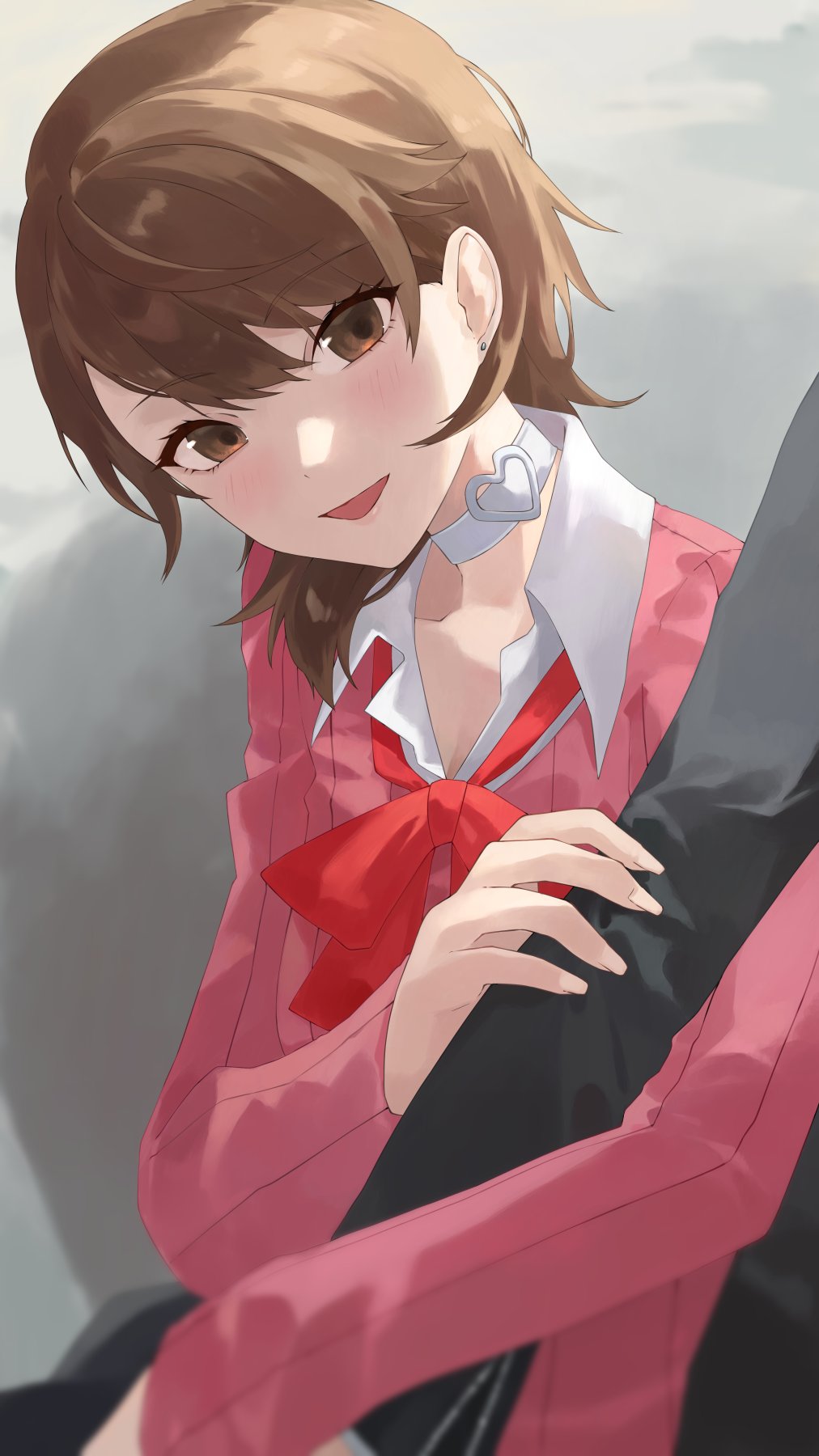 1boy 1girl black_jacket black_skirt blurry blush bow bowtie brown_eyes brown_hair cardigan choker collarbone collared_shirt commentary_request couple depth_of_field earrings gekkoukan_high_school_uniform heart heart_choker highres holding_another&#039;s_arm jacket jewelry konchi_(63438789) locked_arms long_hair looking_at_viewer loose_bowtie open_mouth out_of_frame persona persona_3 pink_cardigan pov red_bow red_bowtie ribbed_cardigan school_uniform shirt short_hair skirt smile stud_earrings takeba_yukari upper_body white_choker white_shirt yuuki_makoto_(persona_3)
