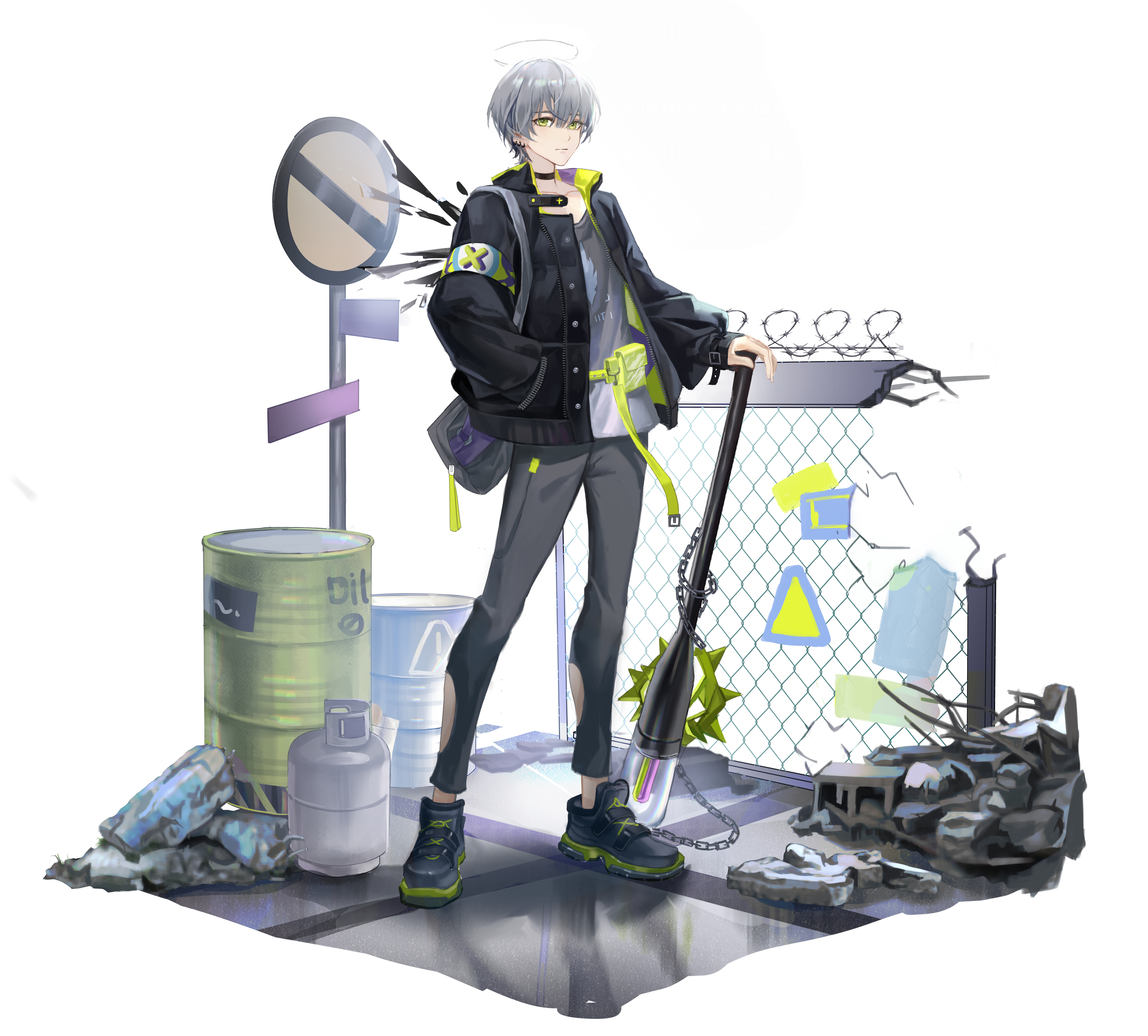 1boy absurdres aikou_echo arene_(arknights) arknights barbed_wire bishounen black_choker black_jacket black_wings chain chain-link_fence chinese_commentary choker cinder_block clothing_cutout collarbone commentary detached_wings drum_(container) earclip fanny_pack fence gas_cylinder gradient_clothes gradient_shirt green_bag green_eyes grey_bag grey_hair grey_pants grey_shirt grey_shoes hair_between_eyes halo hand_in_pocket highres holding holding_weapon jacket leg_cutout looking_at_viewer male_focus no_entry_sign open_clothes open_jacket pants reflective_floor road_sign rubble shirt shoes short_hair sign sneakers solo t-shirt tachi-e two-sided_fabric two-sided_jacket weapon wings