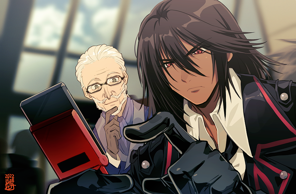2boys beard black_gloves black_hair brown_eyes cellphone coat confused dark-skinned_male dark_skin facial_hair flip_phone gaius_(tales) glasses gloves hair_between_eyes kinako_(462) long_hair looking_at_phone male_focus mature_male multiple_boys necktie old old_man phone ponytail red_eyes rowen_j._ilbert tales_of_(series) tales_of_xillia tales_of_xillia_2 white_hair