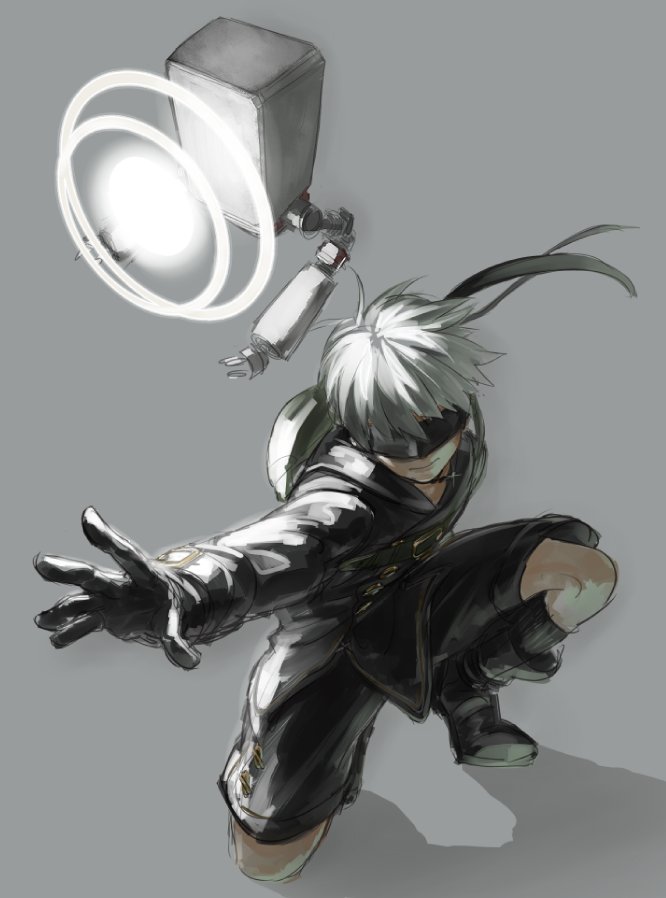 1boy 9s_(nier:automata) backlighting black_blindfold black_gloves black_jacket black_shorts blindfold boots commentary covered_eyes english_commentary gloves grey_background incoming_attack jacket laaaicha long_sleeves male_focus nier:automata nier_(series) on_one_knee outstretched_arm pod_(nier:automata) serious shadow short_hair shorts white_hair