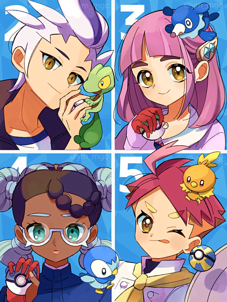 2boys 2girls ahoge amarys_(pokemon) arched_bangs black_hair blue_gakuran blueberry_academy_school_uniform braid closed_mouth crispin_(pokemon) dark-skinned_female dark_skin drayton_(pokemon) frying_pan gakuran gen_3_pokemon gen_4_pokemon gen_7_pokemon glasses gloves green_eyes grey_hair hair_ornament hairclip heavy_ball highres holding holding_frying_pan holding_poke_ball jacket lacey_(pokemon) long_sleeves looking_at_viewer medium_hair multicolored_hair multiple_boys multiple_girls neckerchief nest_ball nintendo one_eye_closed open_clothes orange_hair orange_lips pink_hair piplup poke_ball pokemon pokemon_(creature) pokemon_sv popplio purple_hair quad_tails quick_ball red_gloves red_hair school_uniform semi-rimless_eyewear short_hair single_braid smile spiked_hair streaked_hair thick_eyebrows tongue tongue_out torchic treecko two-tone_hair white_hair yellow_eyes yellow_neckerchief yunme