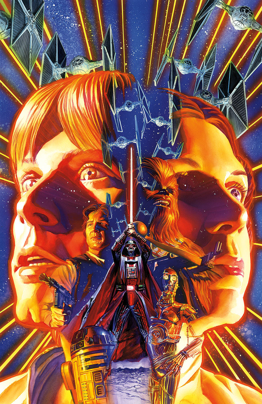 1girl 3boys alex_ross c-3po darth_vader droid han_solo highres holding holding_weapon luke_skywalker male_focus multiple_boys princess_leia r2-d2 science_fiction space star_wars tie_fighter weapon
