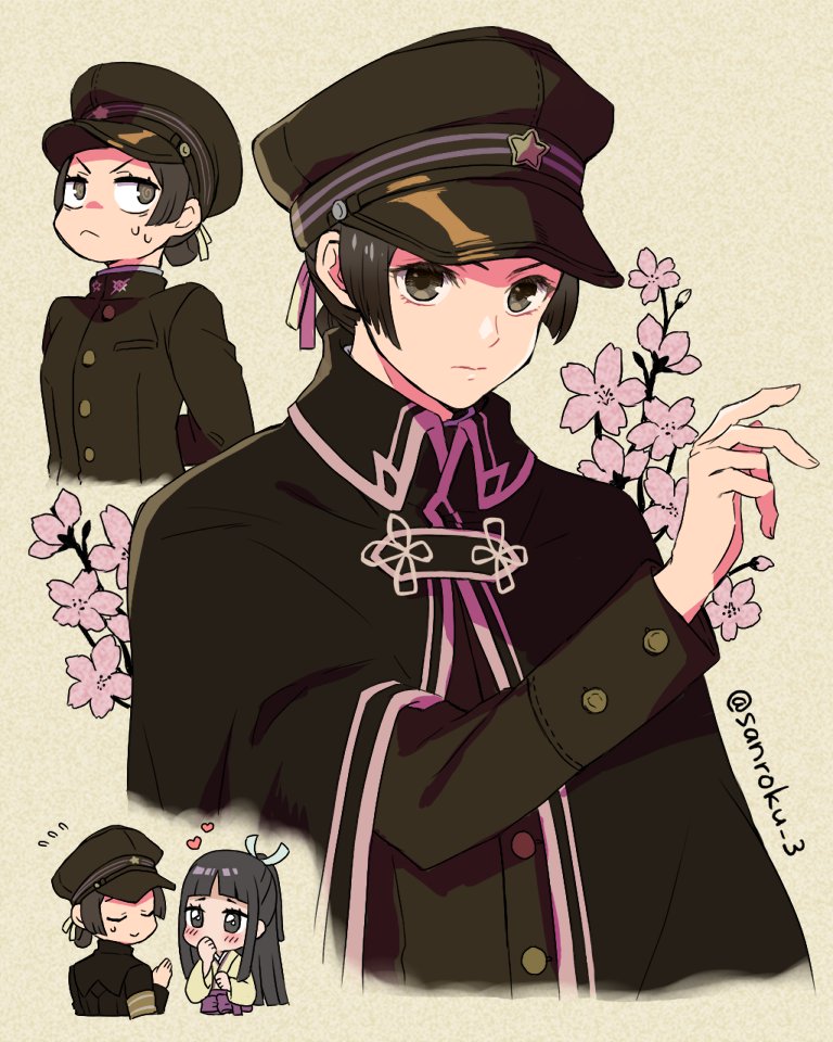 2girls ace_attorney black_cape black_hair black_headwear black_jacket brown_eyes buttons cape chibi closed_eyes flower hair_ribbon hat heart jacket japanese_clothes kimono long_sleeves multiple_girls parted_bangs peaked_cap pink_flower rei_membami ribbon ryutaro_naruhodo sanroku_3 susato_mikotoba sweatdrop the_great_ace_attorney the_great_ace_attorney:_adventures twitter_username upper_body yellow_kimono