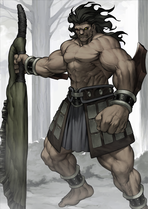 1boy abs anklet armor azusa_(hws) bare_tree barefoot belt black_hair bracer brown_belt clenched_hands closed_mouth colored_skin dark-skinned_male dark_skin fate/grand_order fate_(series) faulds foot_out_of_frame frown grey_skin heracles_(fate) heterochromia holding holding_sword holding_weapon huge_weapon jewelry legs_apart long_hair looking_at_viewer male_focus muscular muscular_male nameless_axe-sword_(fate) no_eyebrows no_nipples official_art outstretched_arm pectorals red_eyes solid_eyes solo standing sword third-party_source topless_male tree variant_set veins weapon yellow_eyes