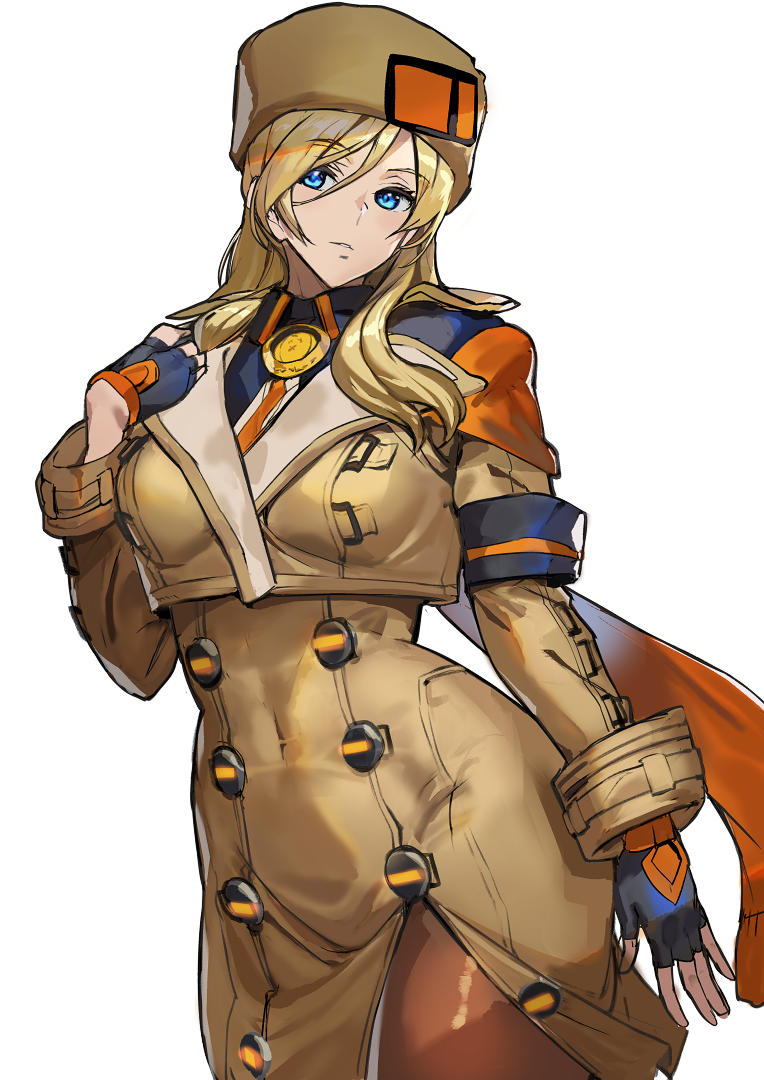 1girl arm_scarf ashiomi_masato black_gloves blonde_hair blue_eyes breasts brown_hat brown_pantyhose buttons coat fingerless_gloves fur_hat gloves guilty_gear guilty_gear_strive hair_between_eyes hand_on_own_chest hat jacket large_breasts long_hair millia_rage pantyhose solo thighhighs thighs wide_hips