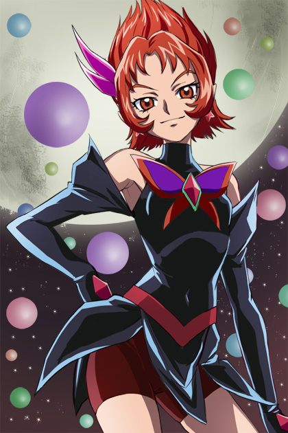 1girl armpits bike_shorts black_dress black_skirt bob_cut butterfly_brooch closed_mouth crystal dark_cure_(yes!_precure_5) dark_rouge detached_sleeves dress earrings evil_smile full_moon hair_ornament hand_on_own_hip haruyama_kazunori jewelry looking_at_viewer moon orb precure red_eyes red_hair red_shorts short_hair shorts shorts_under_skirt sidelocks skirt smile smug solo space spiked_hair star_(sky) star_(symbol) star_earrings yes!_precure_5