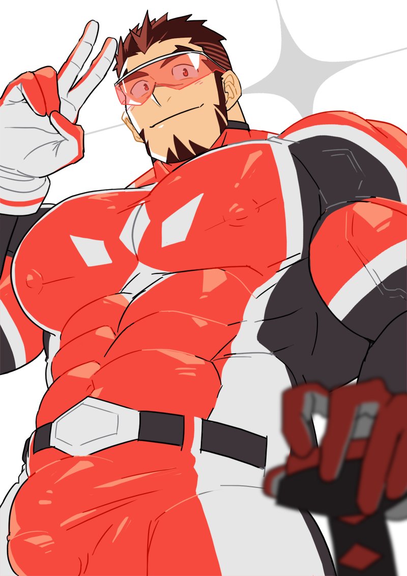 1boy abs absol_(dkqthf) akashi_(live_a_hero) bara brown_hair bulge closed_mouth covered_abs covered_erect_nipples facial_hair goatee large_pectorals live_a_hero long_sideburns looking_at_viewer male_focus muscular muscular_male nipples pectorals red_eyes red_visor salute scar scar_on_face scar_on_nose short_hair sideburns simple_background smile solo superhero_costume thick_eyebrows veins veiny_arms