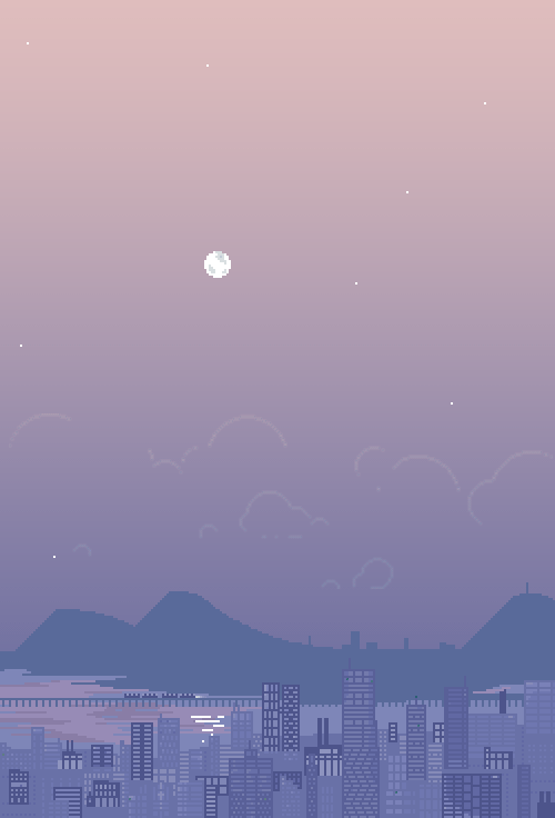 cloud commentary english_commentary full_moon gradient_sky jubilee_(8pxl) moon mountain no_humans ocean orange_sky original outdoors pixel_art purple_sky reflection reflective_water scenery sky skyline star_(sky) starry_sky twilight