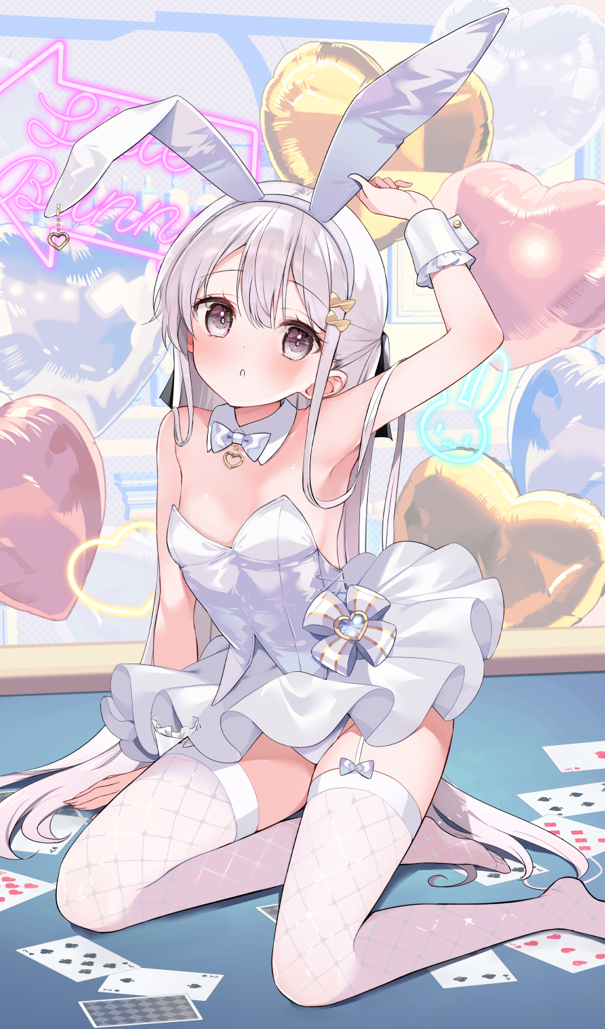 animal_ears balloon breasts hamaken._(novelize) heart_balloon highres long_hair looking_at_viewer poker rabbit_ears rabbit_girl white_hair