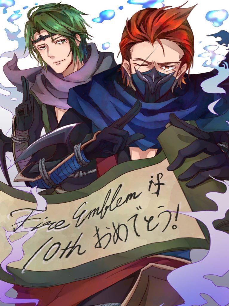2boys brothers fire_emblem fire_emblem_fates gloves green_hair japanese_clothes kaze_(fire_emblem) male_focus mask mouth_mask multiple_boys ninja ninja_mask nintendo purple_scarf red_hair saizo_(fire_emblem) scar scar_across_eye scar_on_face scarf siblings sturm_fe_k11 twins