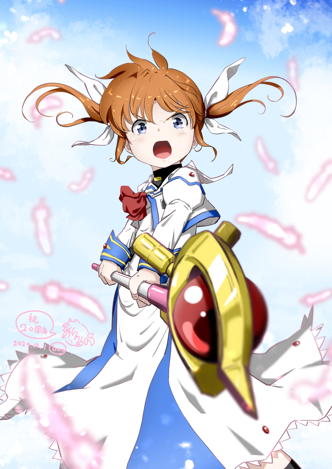 1girl ban_(777purin) blue_eyes blush brown_hair dated dress feathers foreshortening hair_ribbon highres holding holding_staff long_dress long_sleeves lyrical_nanoha mahou_shoujo_lyrical_nanoha open_mouth raising_heart ribbon short_hair short_twintails solo staff standing takamachi_nanoha twintails v-shaped_eyebrows white_dress white_ribbon