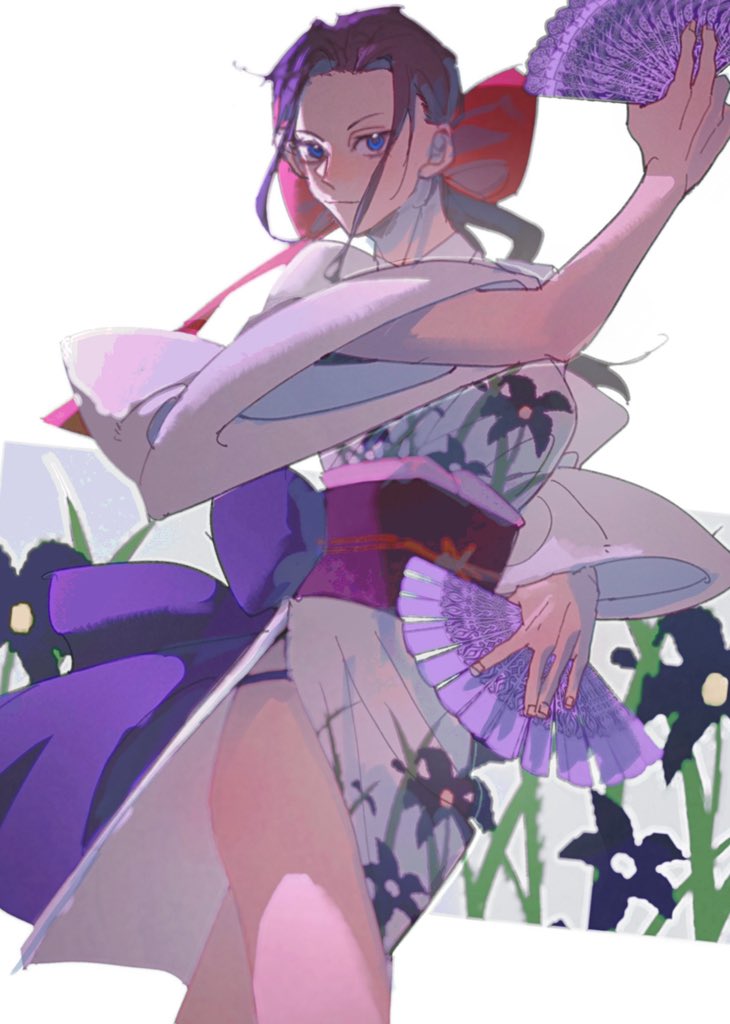 1girl alternate_sleeve_length bare_legs black_hair blue_eyes bow closed_mouth cowboy_shot floral_background floral_print floral_print_kimono hand_fan hashtag-only_commentary holding holding_fan japanese_clothes kimono looking_at_viewer nico_robin nico_robin_(onigashima) obi one_piece onecata11 panties ponytail print_kimono purple_panties purple_sash red_bow red_ribbon ribbon sash short_kimono sidelocks solo underwear white_background wide_sleeves