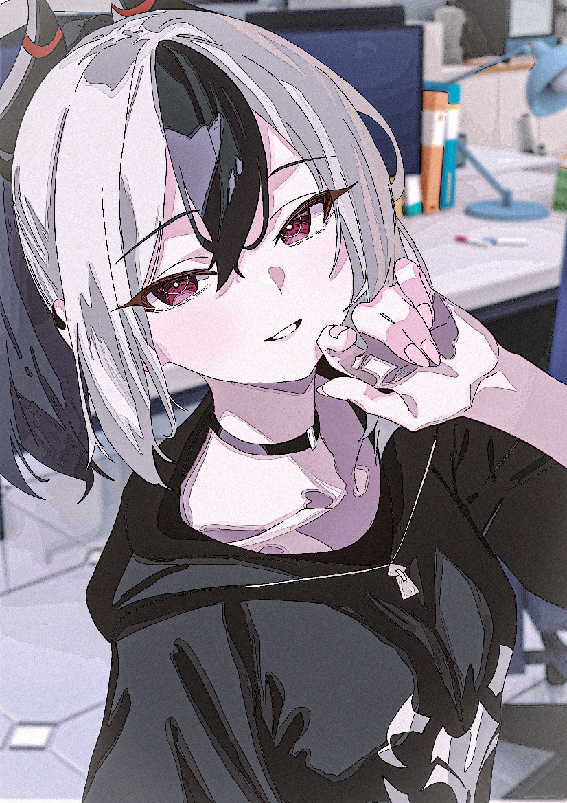 1girl black_choker black_hair black_hoodie black_horns blue_archive book chamal_z choker collarbone commentary demon_horns desk desk_lamp ear_piercing grey_hair hair_between_eyes halo hand_up hood hoodie horns indoors kayoko_(blue_archive) lamp looking_at_viewer multicolored_hair no_mole parted_lips piercing red_eyes smile solo two-tone_hair