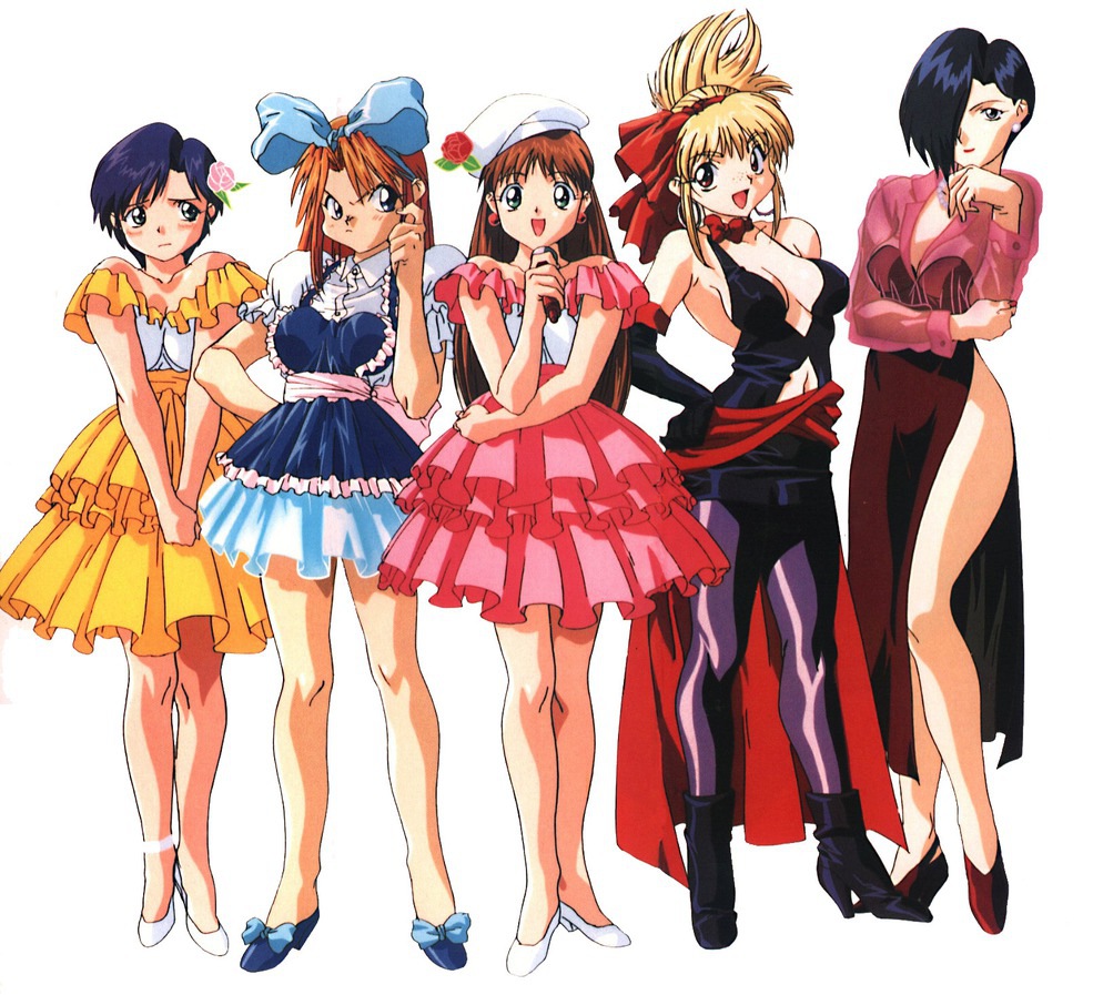 1990s_(style) 5girls angry black_hair blonde_hair blue_seed bow brown_hair dress embarrassed flower freckles fujimiya_momiji full_body hair_bow hair_flower hair_ornament hair_over_one_eye hair_up hat idol kunikida_kaede long_hair multiple_girls official_art pink_flower pink_rose purple_hair red_flower red_rose retro_artstyle ribbon rose sawaguchi_koume scan shoes short_hair smile takeuchi_ryoko v_arms yamazaki_sakura