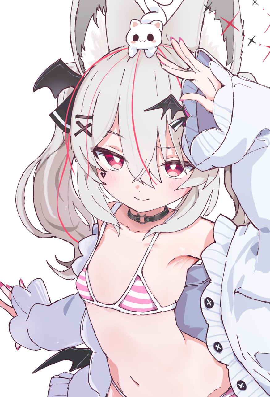 1girl animal animal_ear_fluff animal_ears animal_on_head arm_up armpits bat_hair_ornament bat_wings bikini black_choker breasts bright_pupils cardigan choker closed_mouth flat_chest fox_ears fox_girl grey_hair hair_between_eyes hair_ornament hairclip heart highres karin_(vrchat) long_hair looking_at_viewer multicolored_hair navel on_head open_cardigan open_clothes pink_bikini pink_nails red_eyes simple_background small_breasts smile solo streaked_hair striped_bikini striped_clothes swimsuit twintails vrchat white_background white_cardigan white_pupils wings yucblossom