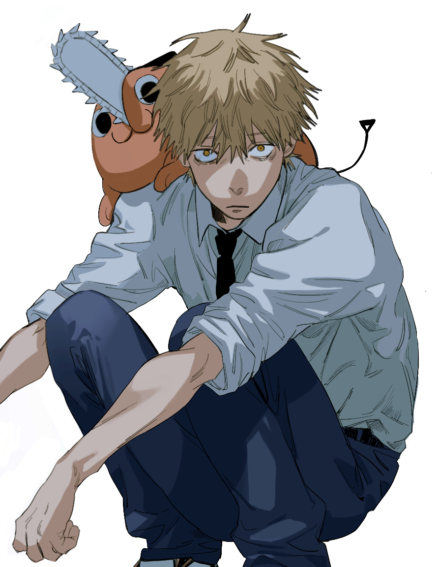 1boy 1other :| bags_under_eyes belt black_necktie blonde_hair blue_pants chainsaw chainsaw_man closed_mouth collared_shirt denji_(chainsaw_man) expressionless necktie orange_eyes pants pochita_(chainsaw_man) shirt squatting takushi_(taxi739) white_shirt