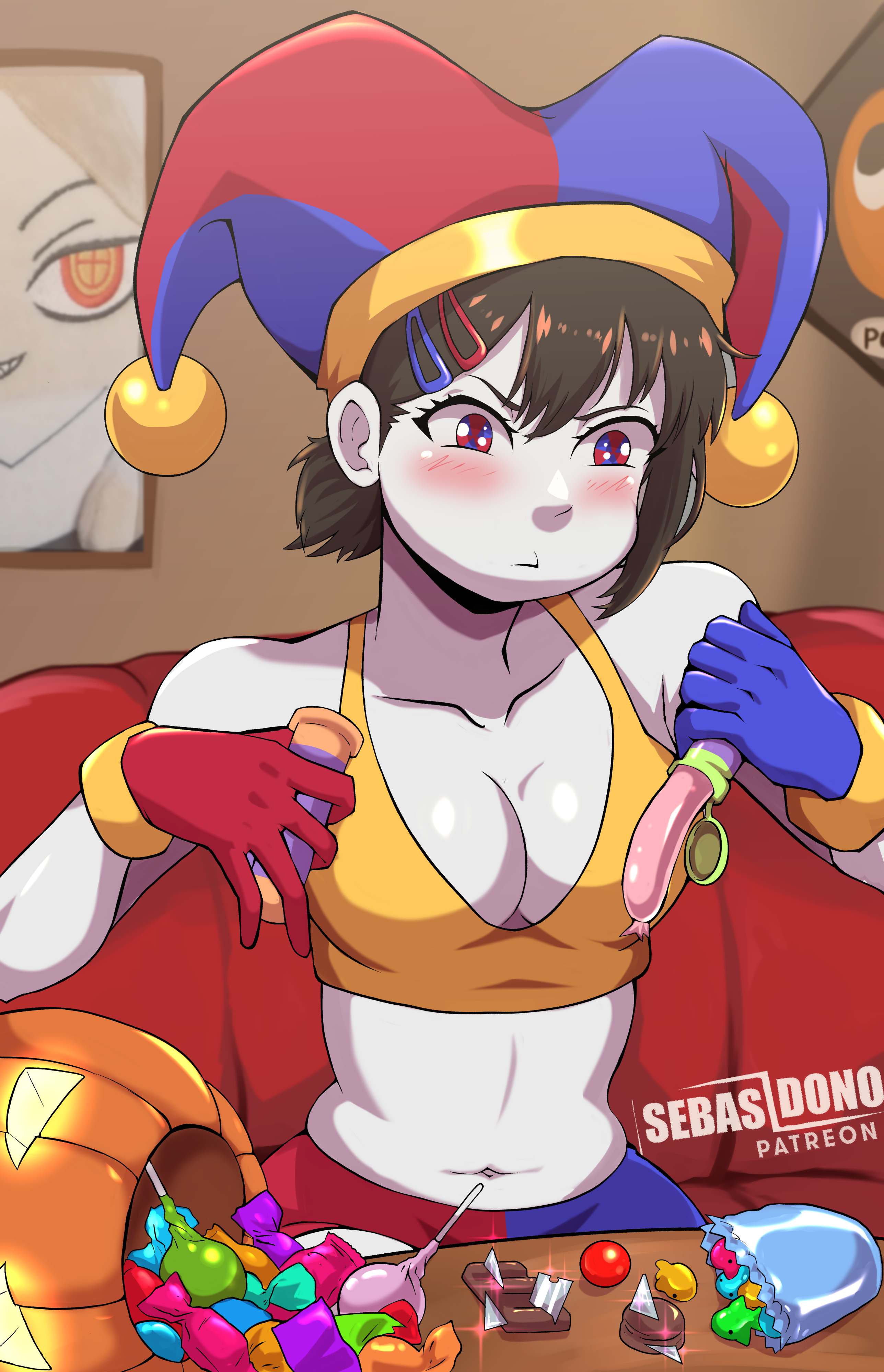 1girl absurdres asymmetrical_gloves bare_arms bare_shoulders black_hair blue_eyes blue_gloves blush breasts candy chainsaw_man chocolate cleavage cosplay crop_top food gloves hair_ornament hairclip hat higashiyama_kobeni highres holding holding_food indoors jester_cap lollipop midriff mismatched_gloves multicolored_eyes navel pomni_(the_amazing_digital_circus) pomni_(the_amazing_digital_circus)_(cosplay) red_eyes red_gloves sausage sebasdono short_hair solo sports_bra stomach the_amazing_digital_circus two-tone_eyes upper_body