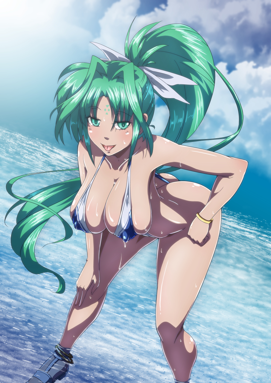 1girl aqua_eyes aqua_hair ass bare_shoulders blush breasts cleavage covered_erect_nipples facial_mark forehead_mark hand_on_thigh highres large_breasts leaning_forward lindy_harlaown long_hair looking_at_viewer lyrical_nanoha mahou_shoujo_lyrical_nanoha one-piece_swimsuit open_mouth ponytail shiny_skin skindentation slingshot_swimsuit smile solo standing swimsuit tappa_(esperanza) tongue wet white_one-piece_swimsuit white_slingshot_swimsuit