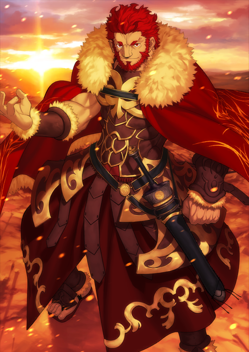 1boy arm_at_side armor beard bracer breastplate clenched_hand closed_mouth cloud cloudy_sky diffraction_spikes facial_hair fate/grand_order fate_(series) faulds full_beard fur-trimmed_bracer fur_trim gold_trim hand_up iskandar_(fate) legs_apart light_particles looking_at_viewer male_focus mature_male muscular muscular_male no_shirt no_socks official_art outdoors red_eyes red_facial_hair red_hair red_skirt sandals sheath sheathed short_hair skirt sky smile solo standing sun sunlight sword takeuchi_takashi third-party_source toes variant_set warm_colored weapon