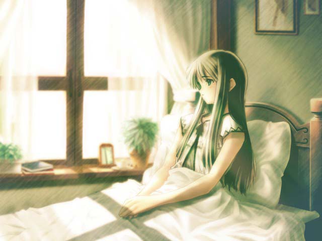 1girl bed bed_sheet bedroom black_eyes black_hair female_focus game_cg indoors kakitsubata_kiyomi kawata_hisashi kiyomi long_hair pajamas pillow sitting solo sunlight tasogare under_covers window
