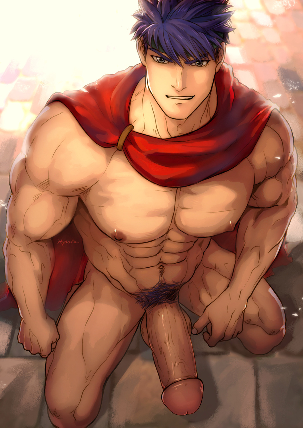 1boy abs artist_name bara blue_hair cape erection fire_emblem fire_emblem:_radiant_dawn girthy_penis headband highres hydaria ike_(fire_emblem) kneeling large_pectorals male_focus male_pubic_hair muscular muscular_male naked_cape navel nintendo nipples pectorals penis pubic_hair red_cape short_hair solo testicles thighs
