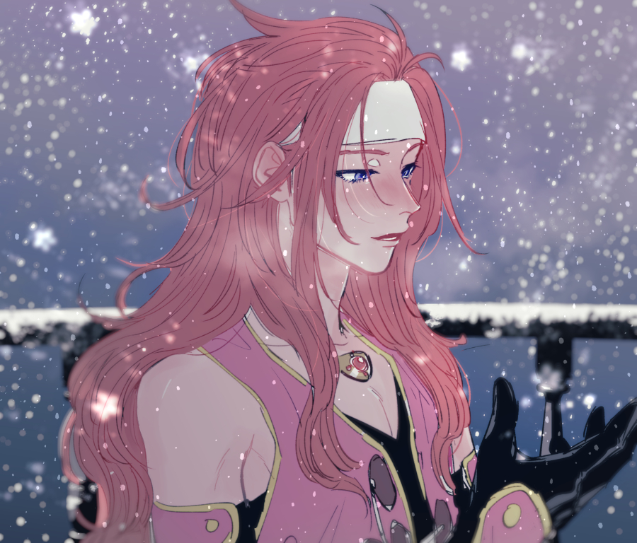 1boy arm_up bare_shoulders black_gloves black_shirt blue_eyes blush detached_sleeves ear_blush emushino gem gloves hair_behind_ear long_hair male_focus night night_sky open_clothes open_vest parted_lips pink_vest railing red_gemstone red_hair shirt sky snow snowing solo tales_of_(series) tales_of_symphonia teeth upper_body v-neck vest zelos_wilder