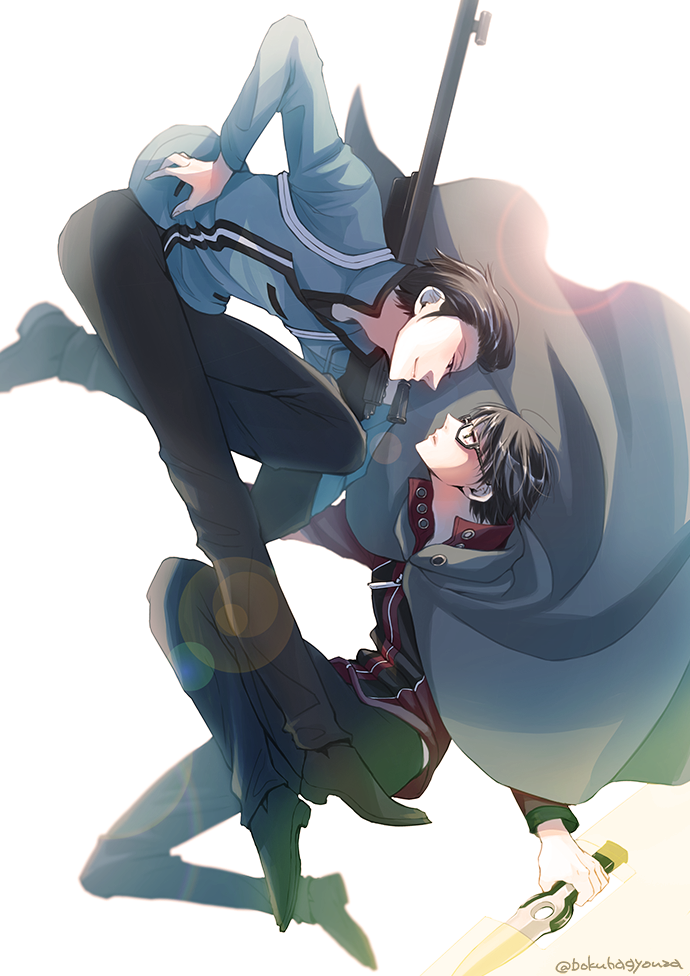 2boys black_hair black_pants blurry bokeh carrying_over_shoulder closed_mouth cosplay depth_of_field eye_contact from_side glasses grey_cloak gun hand_on_own_hip holding holding_weapon jacket knee_up looking_at_another male_focus mikumo_osamu mikumo_squad&#039;s_uniform multiple_boys pants profile red_jacket rico_gyouza rifle shoes simple_background smile sniper_rifle touma_isami twitter_username weapon white_background world_trigger