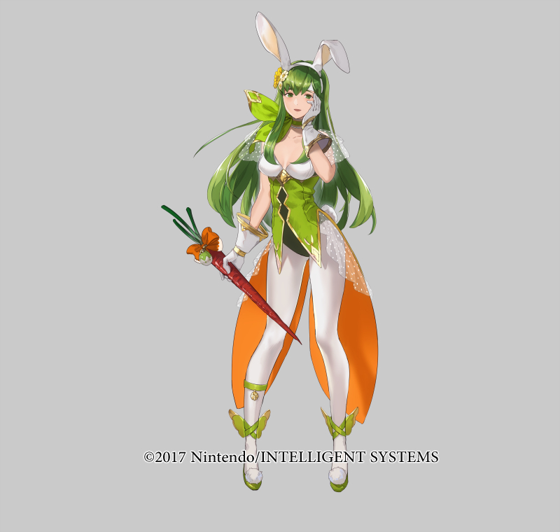 1girl animal_ears breasts carrot choker collarbone copyright_notice fake_animal_ears fire_emblem fire_emblem:_mystery_of_the_emblem fire_emblem_heroes flower food full_body gloves green_eyes green_hair green_shoes grey_background hair_ornament hand_on_own_cheek hand_on_own_face hand_up headband high_heels holding leotard long_hair looking_at_viewer mayo_(becky2006) medium_breasts nintendo official_art open_mouth palla_(fire_emblem) palla_(spring)_(fire_emblem) pantyhose pom_pom_(clothes) rabbit_ears rabbit_tail see-through_clothes shoes sleeveless smile solo standing tail white_gloves