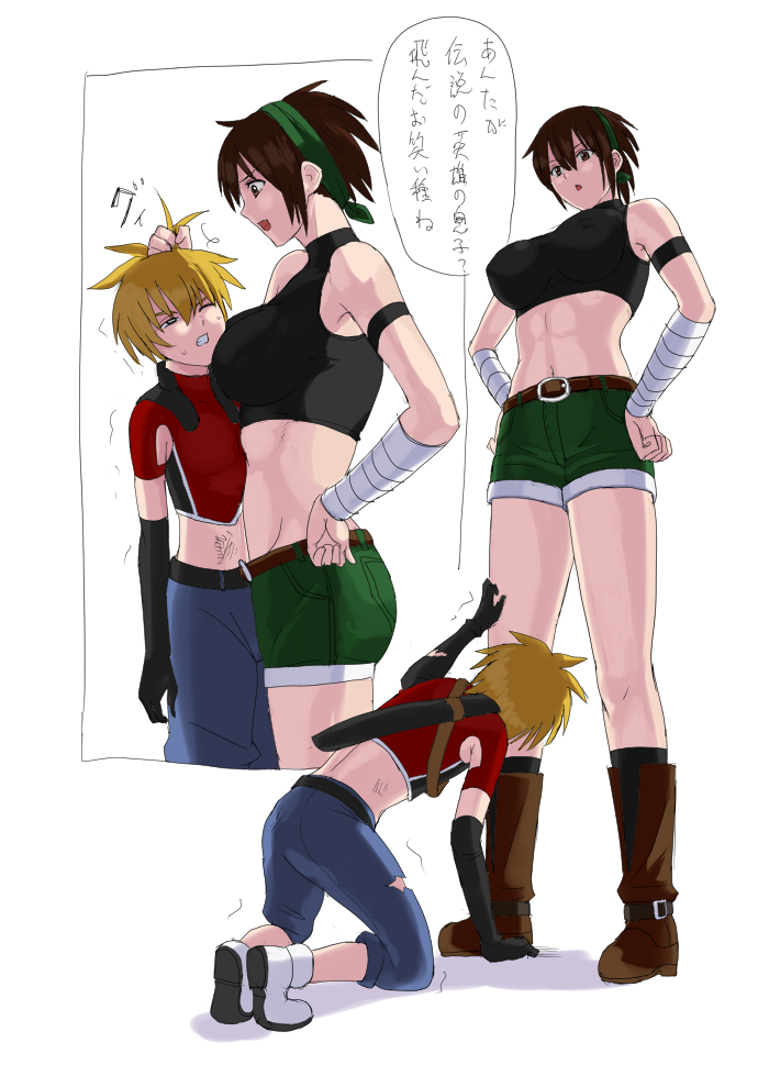 1boy 1girl 78_(tky8) bandaged_wrist bandages bandit_(tales_of_destiny_2) belt black_gloves black_socks black_sports_bra blonde_hair blue_pants boots breasts brown_belt brown_footwear brown_hair commentary_request crop_top defeat elbow_gloves full_body gloves grabbing_another&#039;s_hair green_hairband green_shorts hair_between_eyes hairband height_difference kyle_dunamis large_breasts long_bangs looking_at_another midriff navel one_eye_closed open_mouth pants red_shirt shirt short_hair shorts simple_background socks sports_bra tales_of_(series) tales_of_destiny tales_of_destiny_2 tall_female toned toned_female translation_request white_background white_footwear